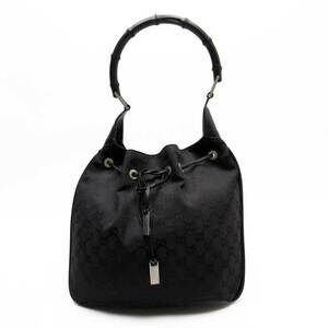 Gucci GG Bamboo One Shoulder Hobo Bag Black Canvas Leather